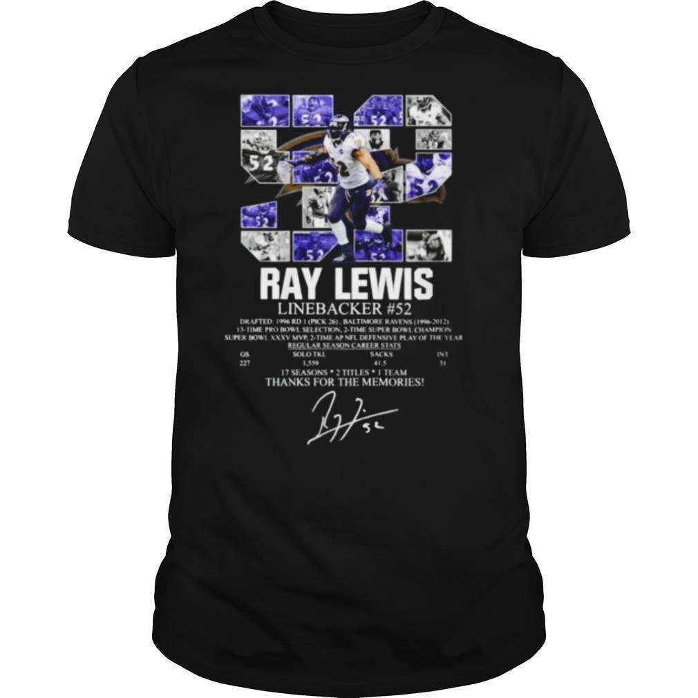 52 Ray Lewis linebacker 17 seasons 2 titles 1 team thanks for the memories shirt