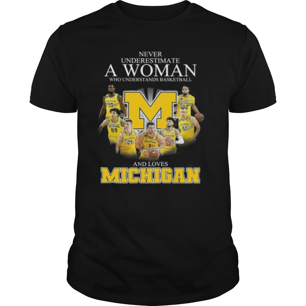 Michigan Wolverines Teams Basketball Never Underestimate A Woman And Love Michigan Signatures shirt