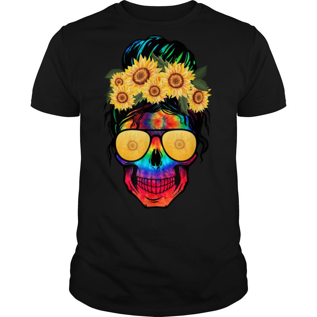 Tie Dye Skull Lady with hair bow and glasses sunflower T Shirt