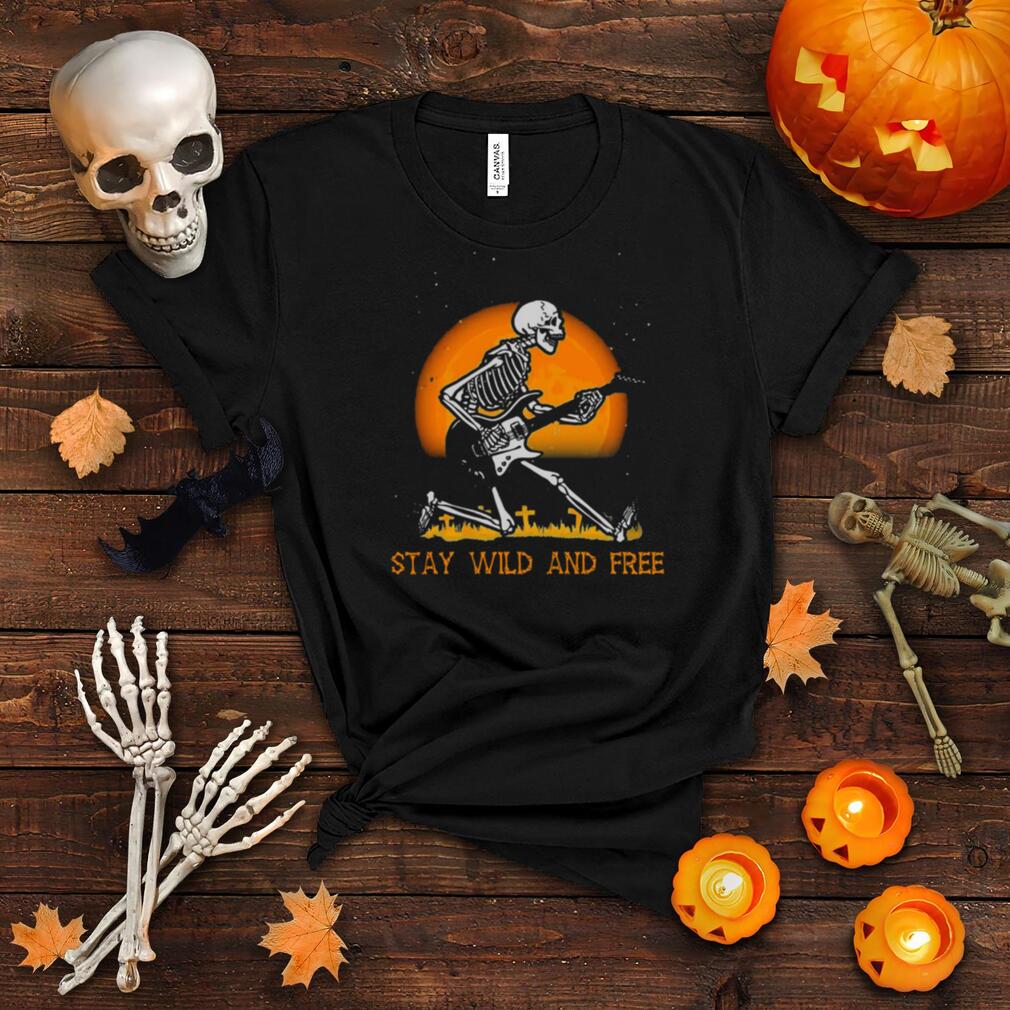 Skeleton Playing Guitar stay wild and free halloween shirt