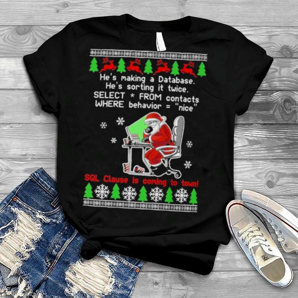 Santa Claus he’s making database he’s sorting it twice select from contacts where behavior nice Ugly Christmas shirt