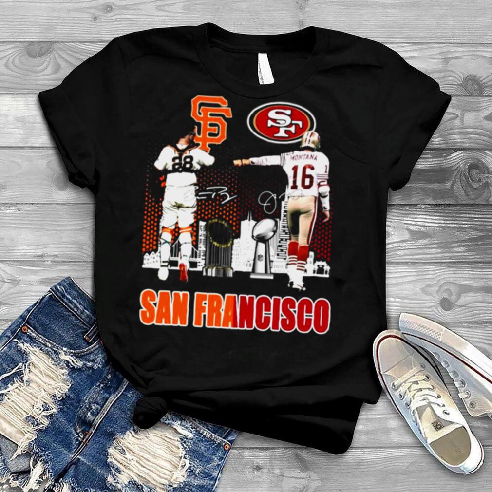 an Francisco sport San Francisco Giants Buster Posey and San Francisco 49ers Joe Montana signatures shirt