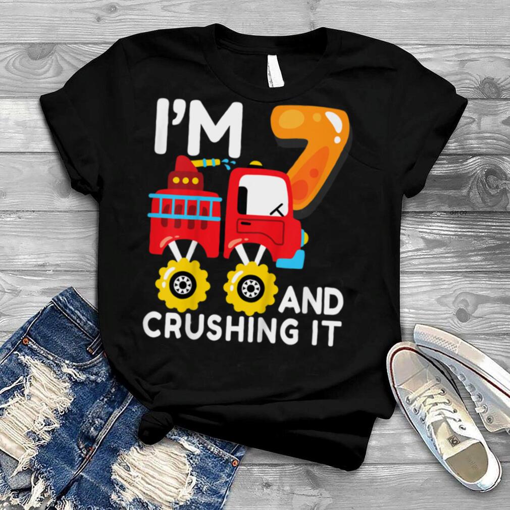 Kids Fire Truck Firefighter Monster Truck 7th Birthday Party Kids T Shirt