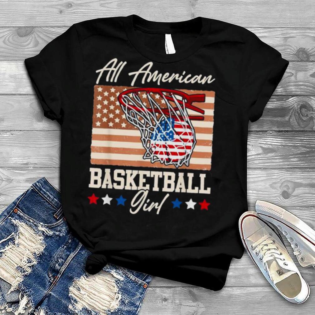 All American basketball girl 4th of july red white blue flag shirt