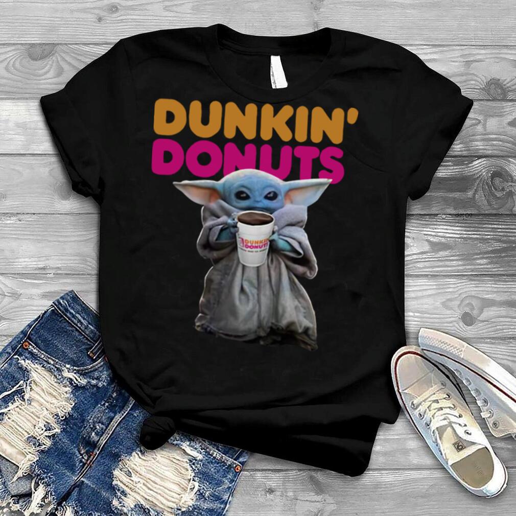 Baby Yoda holding Dunkin Donuts Star Wars shirt