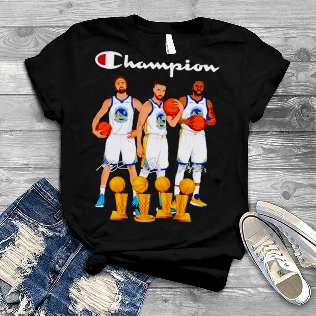 Golden State Warriors Stephen Curry And Klay Thompson And Draymond Green Champions Cup signatures shirt