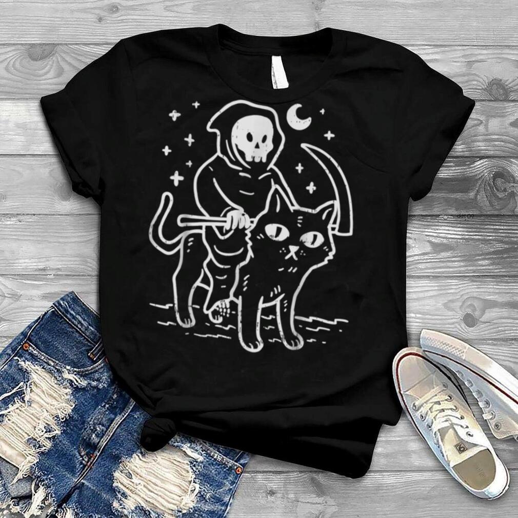 Grim Reaper Riding Cat Moon Funny Death Halloween Costume T Shirt