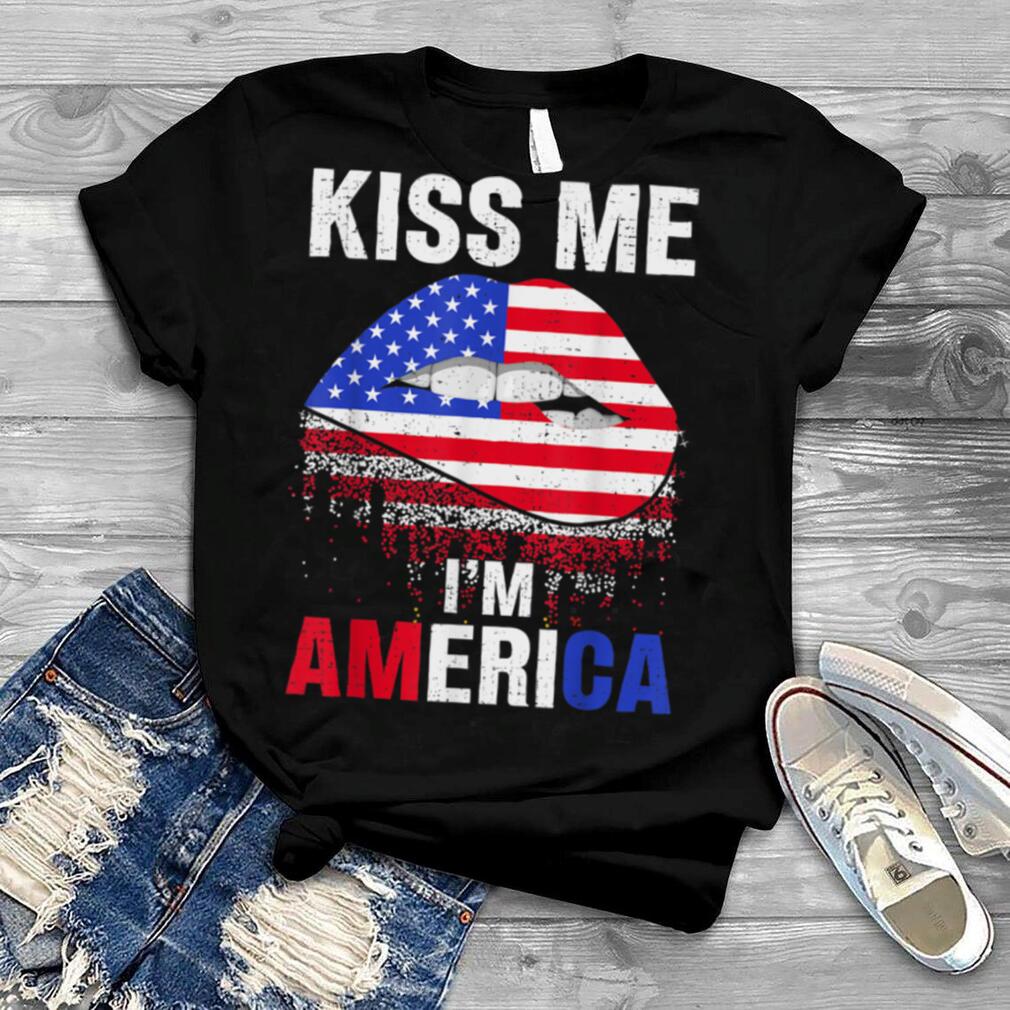 Womens 4th Of July Kiss Me Lips American Flag Patriotic T Shirt