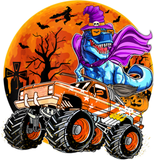 Funny Dinosaur Witch Hat and Monster Truck Happy Halloween T Shirt