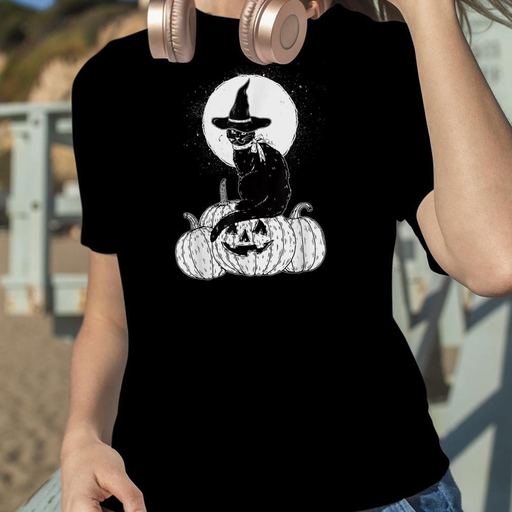 Vintage Scary Halloween Black Cat Costume Witch Hat & Moon T Shirt