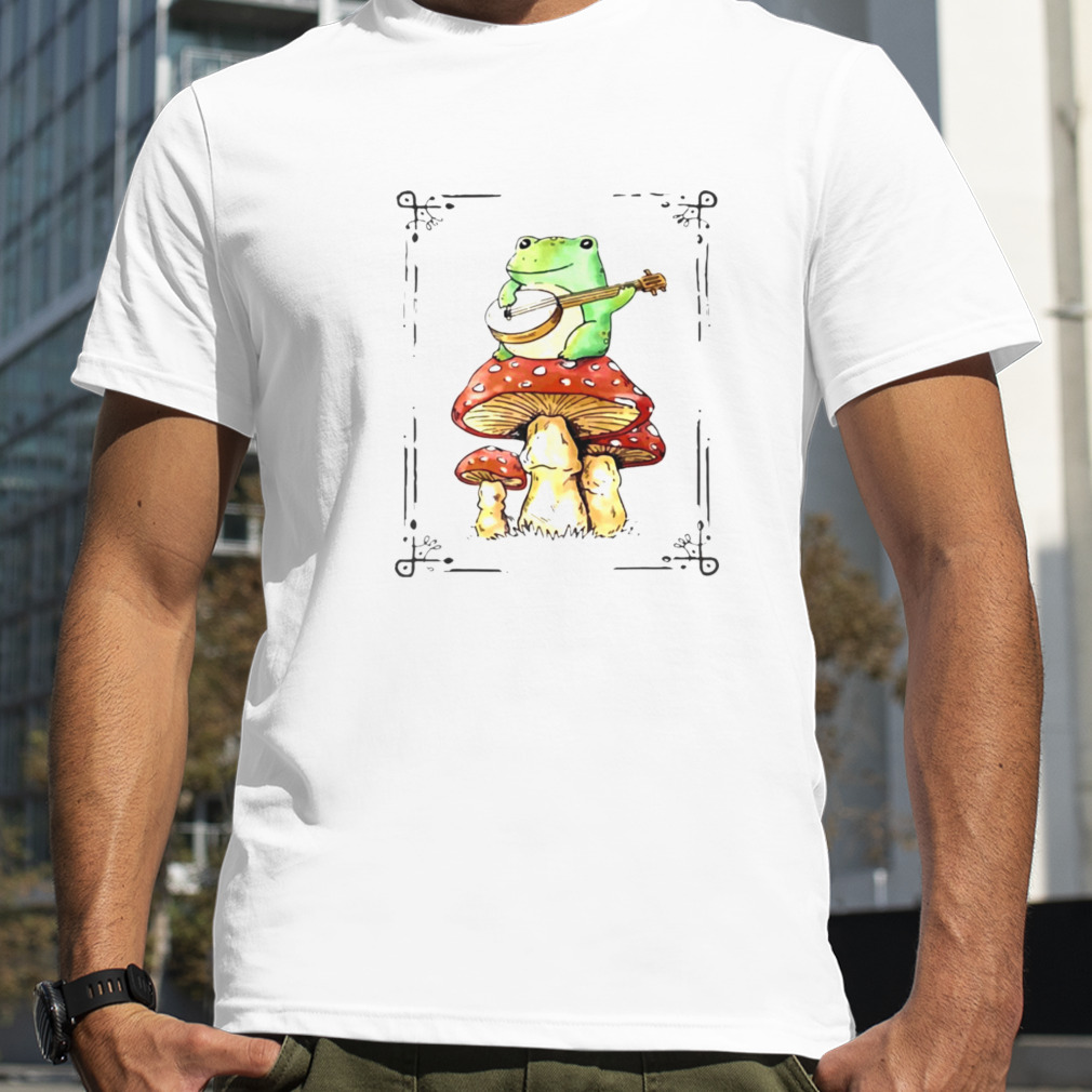 Cottagecore Aesthetic Frog Playing Banjo on Mushroom Cute T Shirt