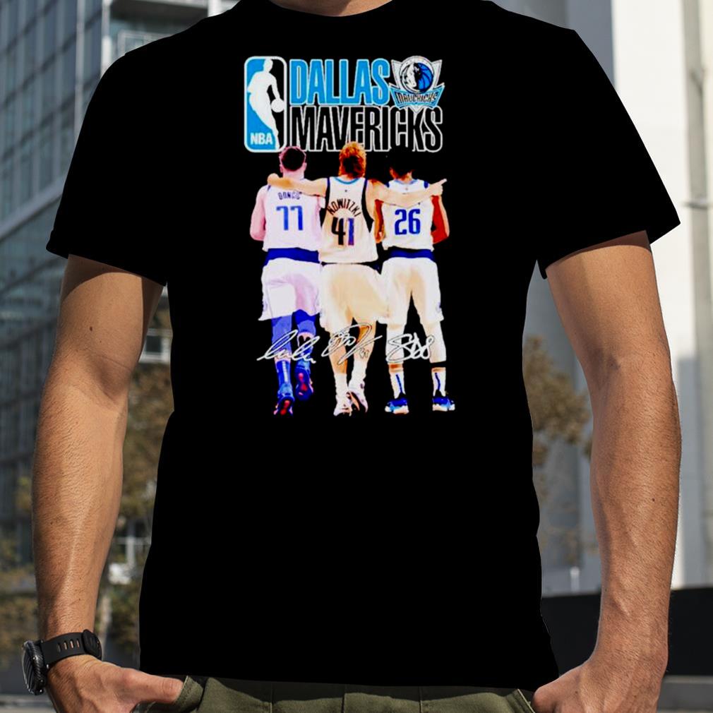 Dallas Mavericks Luka Dončić Dirk Nowitzki Spencer Dinwiddie signatures T shirt