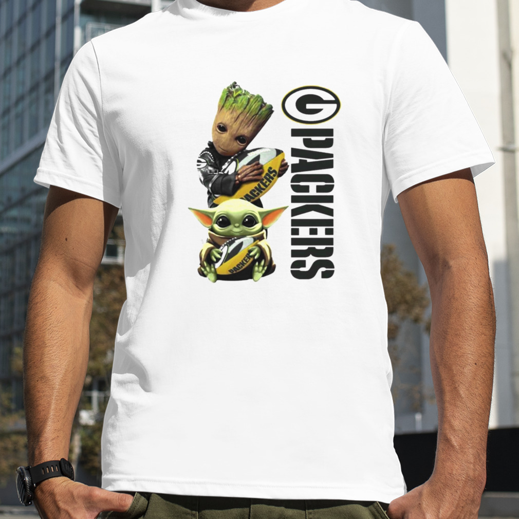 Baby Yoga and Baby Groot hug Rugby Green Bay Packers shirt