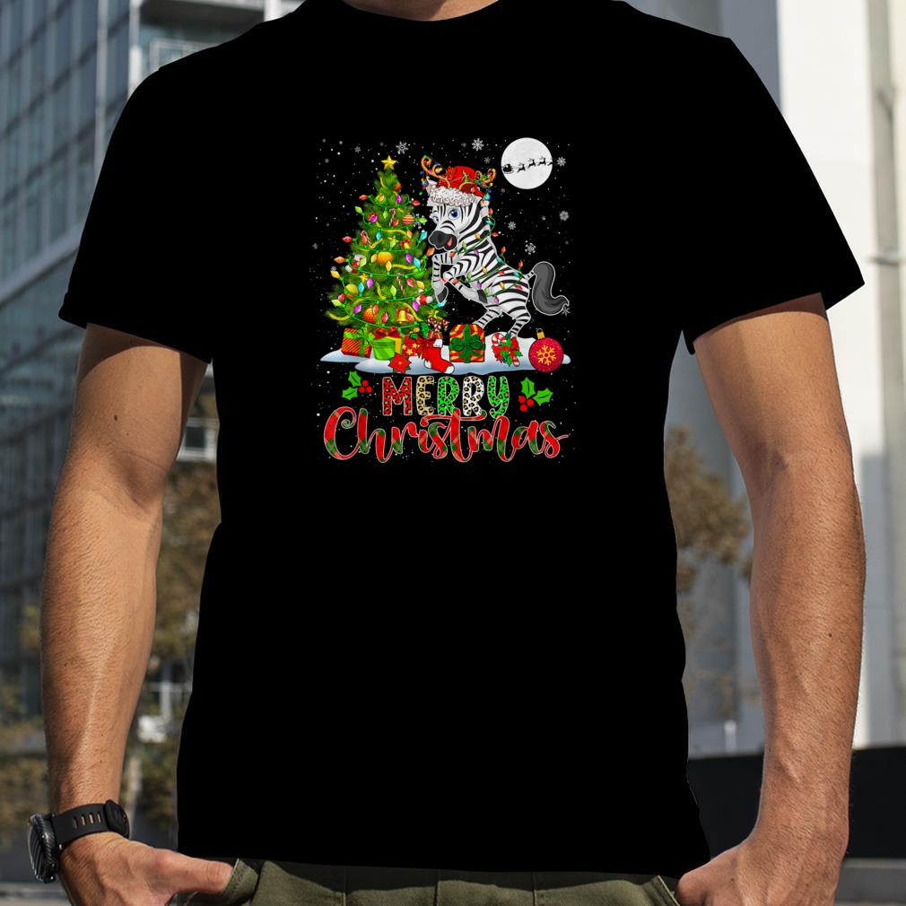Merry Christmas Santa Reindeer Zebra Xmas Tree Lights Family T Shirt