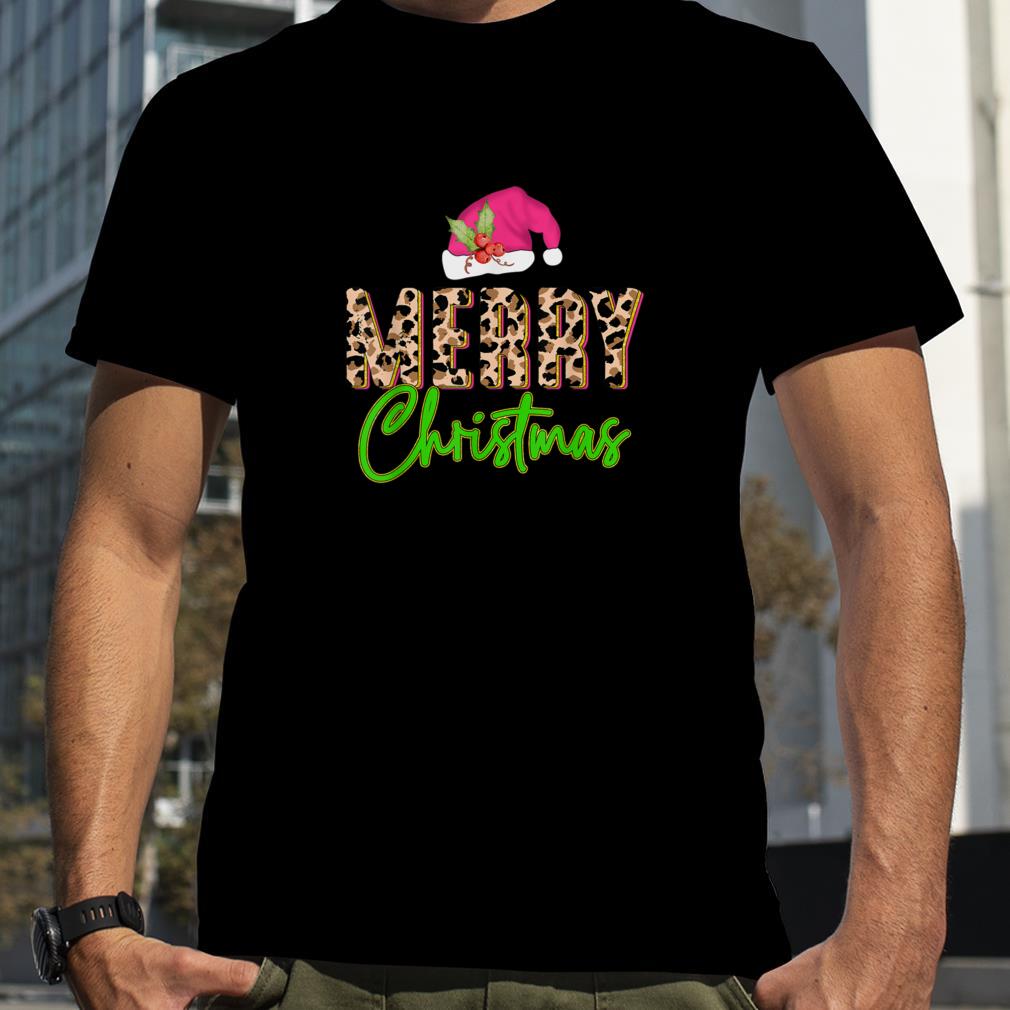 Retro Merry Christmas Leopard Santa Hat Christmas Holiday T Shirt