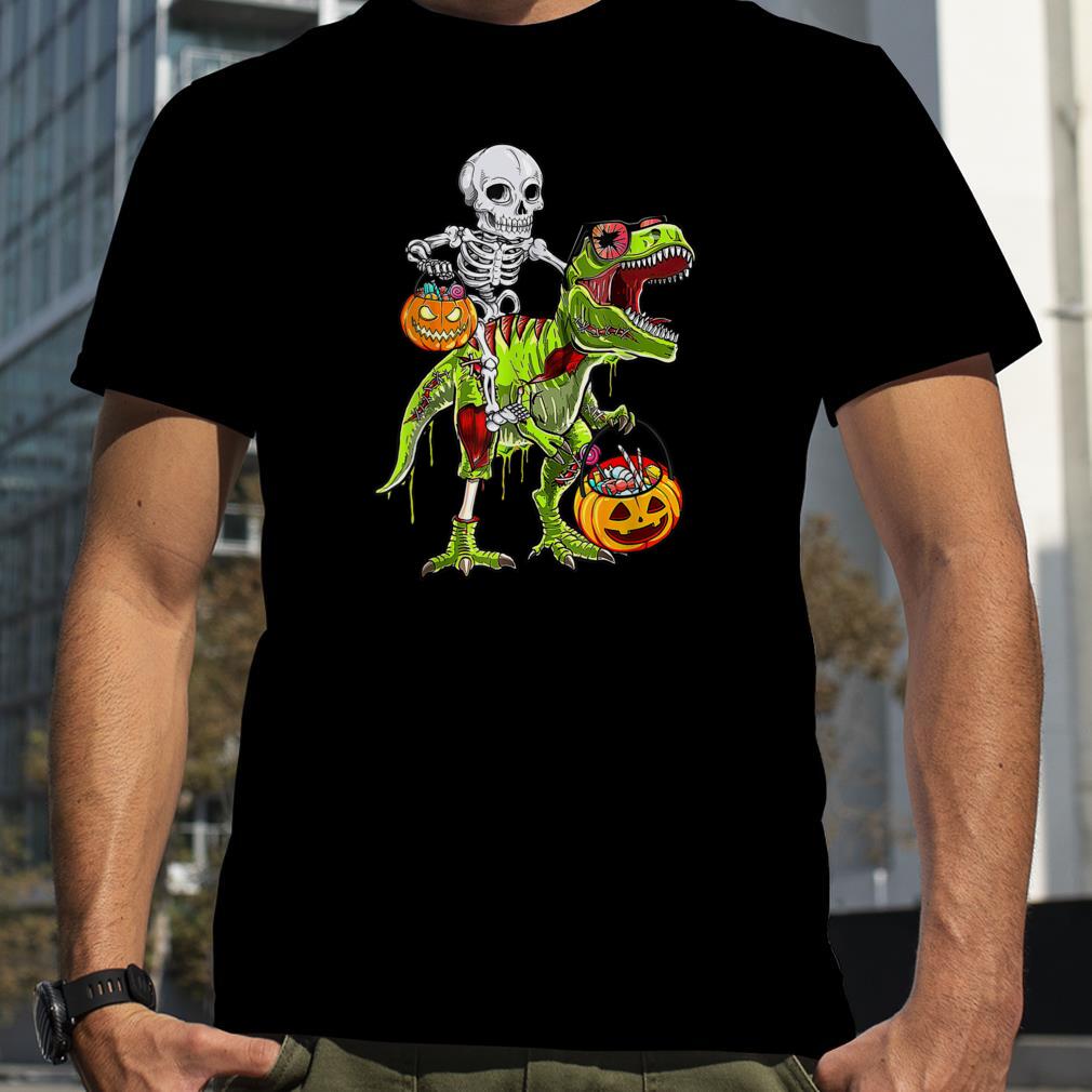 Skeleton Riding Zombie Dinosaur T rex Halloween Pumpkin T Shirt